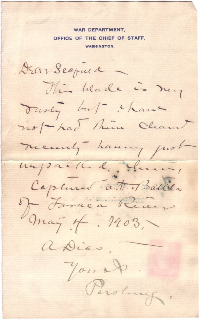 PERSHING, JOHN J. Autograph Letter Signed, “Pershing,” to War Department Chief Clerk John C. Scofield (“Dear Scofield”),